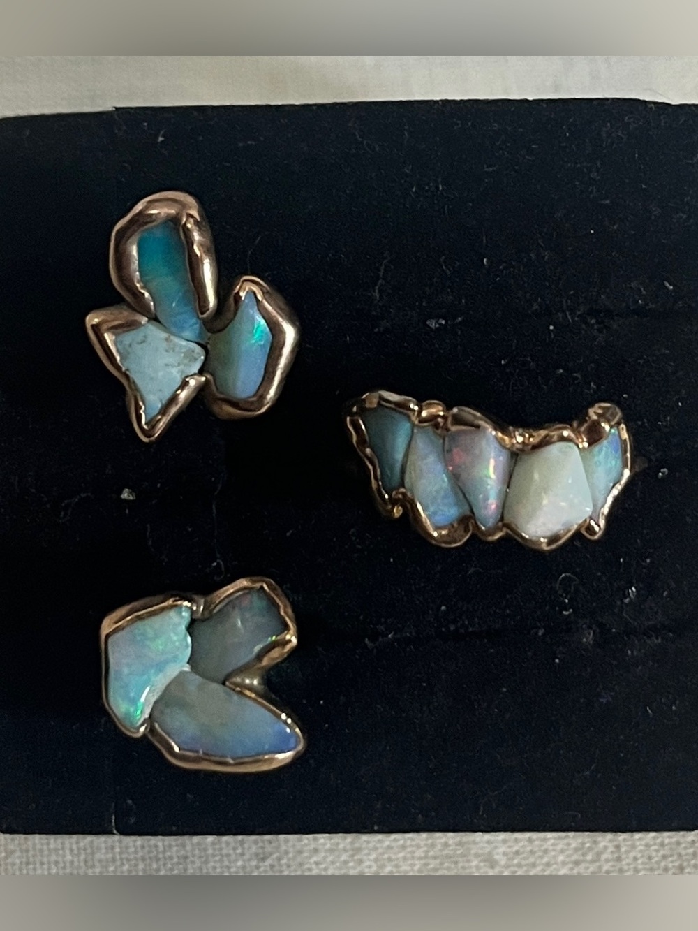 24K Rose Gold Filled Ocean Blue 5-Opal Ring with Matching Flower Stud Earrings